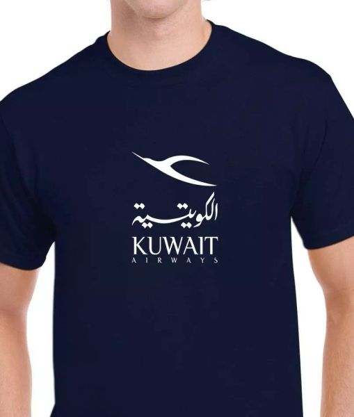 kuwait airways white logo airline geek navy blue cotton t-shirt, White;black