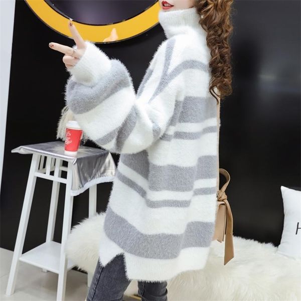 women's imitation mink wool sweater loose thick turtleneck pullover wearing a striped bottoming shirt 210427, White;black
women's imitation mink wool sweater loose thick turtleneck pullover wearing a striped bottoming shirt 210427, White;black