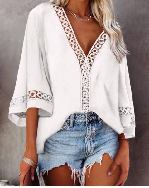 women's blouses & shirts summer solid blouse women v-neck hollow lace shirt ladies casual patchwork clothing loose bousa pullover, White
women's blouses & shirts summer solid blouse women v-neck hollow lace shirt ladies casual patchwork clothing loose bousa pullover, White