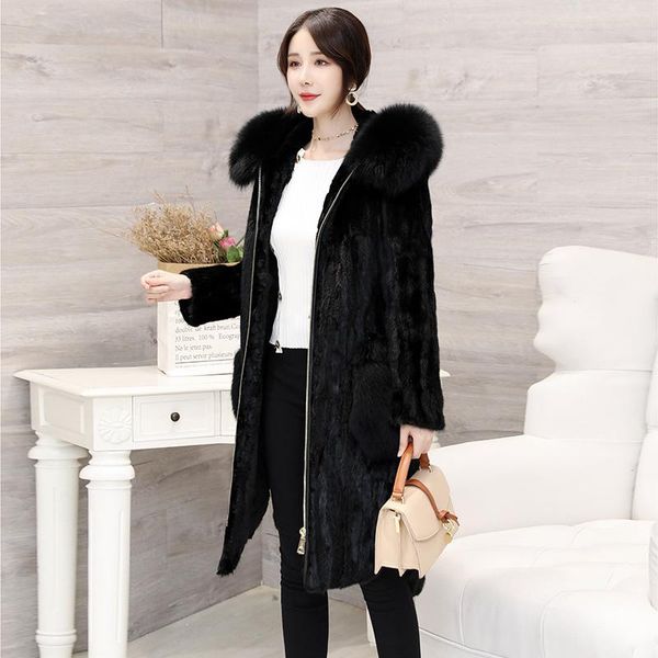 women's fur & faux winter natural real mink pieces coat long with a hood collar, Black 
women's fur & faux winter natural real mink pieces coat long with a hood collar, Black