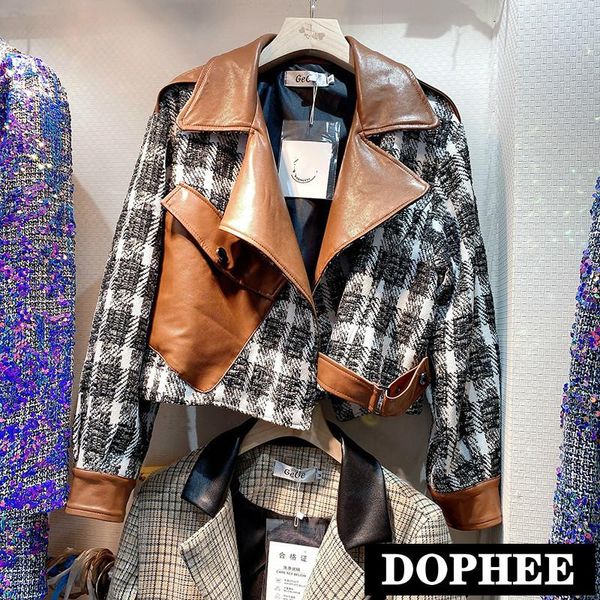 european style short jacket women 2021 autumn street plaid wool stitching pu leather loose cropped jackets lady outwear coats women's, Black;brown
european style short jacket women 2021 autumn street plaid wool stitching pu leather loose cropped jackets lady outwear coats women's, Black;brown