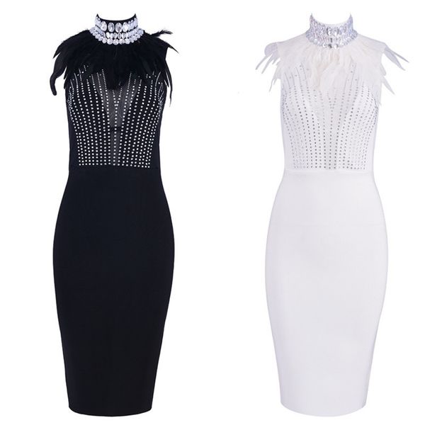 party dresses european and american bandage black sleeveless beads feather luxury diamond evening dress m2hs, White;black
party dresses european and american bandage black sleeveless beads feather luxury diamond evening dress m2hs, White;black