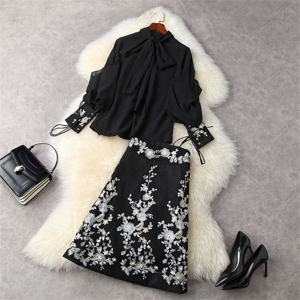 elegant lady spring of two parts ladies'clothing archery designers bow collar chiffon shirt and floral embroidered skirt joint suit, Black
elegant lady spring of two parts ladies'clothing archery designers bow collar chiffon shirt and floral embroidered skirt joint suit, Black