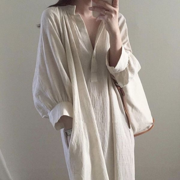 chic style cotton linen shirt loose large style thin long spring, White;black