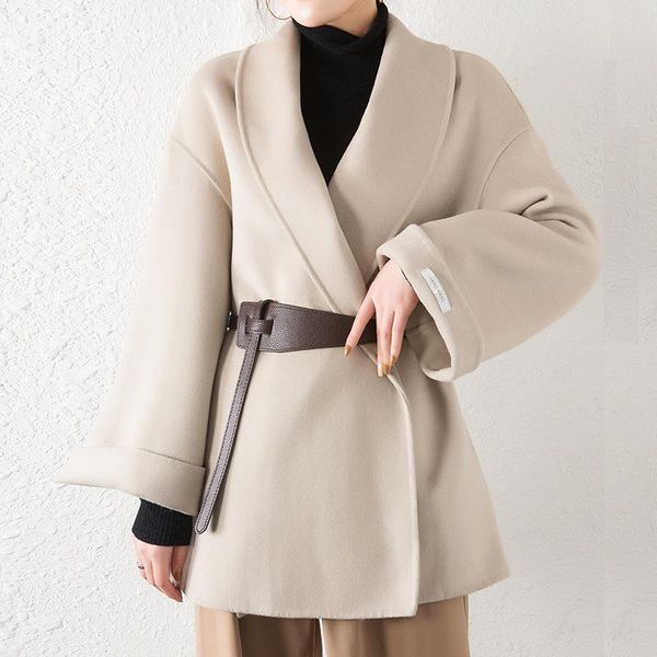 women's wool & blends loose faux double-sided coat women short belt woolen autumn and winter ladies jacket, Black
women's wool & blends loose faux double-sided coat women short belt woolen autumn and winter ladies jacket, Black