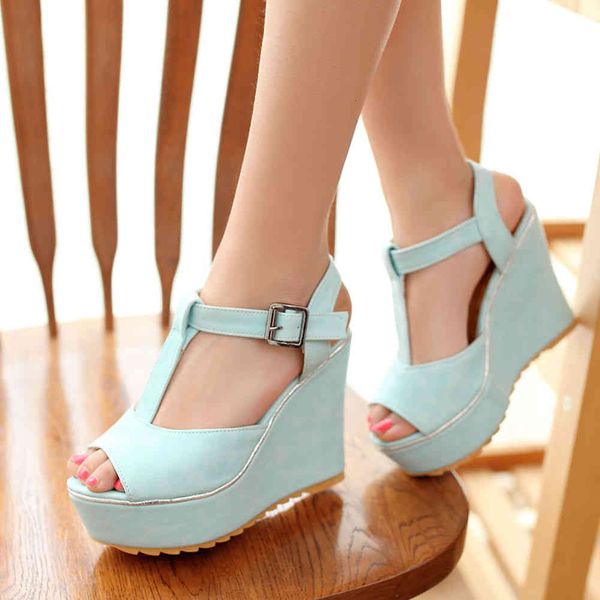 sandals female high heels platform summer wees open toe t strap buckle sandals women fashion solid shoes woman, Black