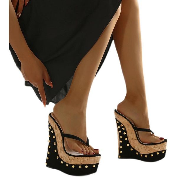 slippers waterproof platform flip flops summer european and american fashion rivet slope with 17 cm elegant large size 42 ladies, Black
slippers waterproof platform flip flops summer european and american fashion rivet slope with 17 cm elegant large size 42 ladies, Black