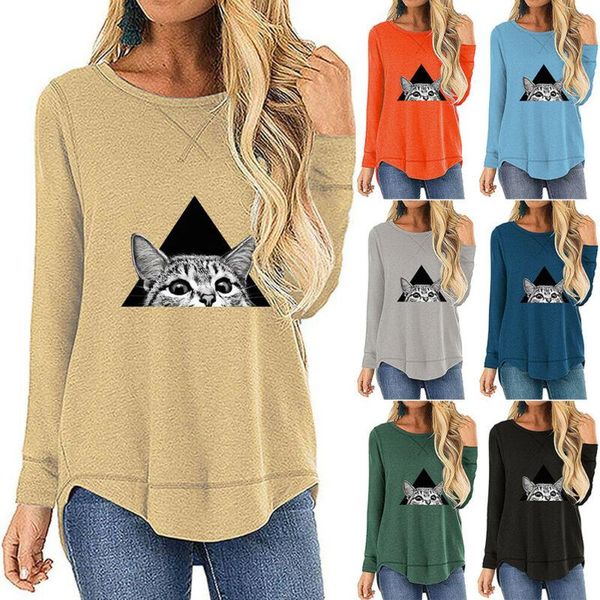 women's t-shirt women long sleeve jumper tunic ladies cat print pullover plus size, White
women's t-shirt women long sleeve jumper tunic ladies cat print pullover plus size, White