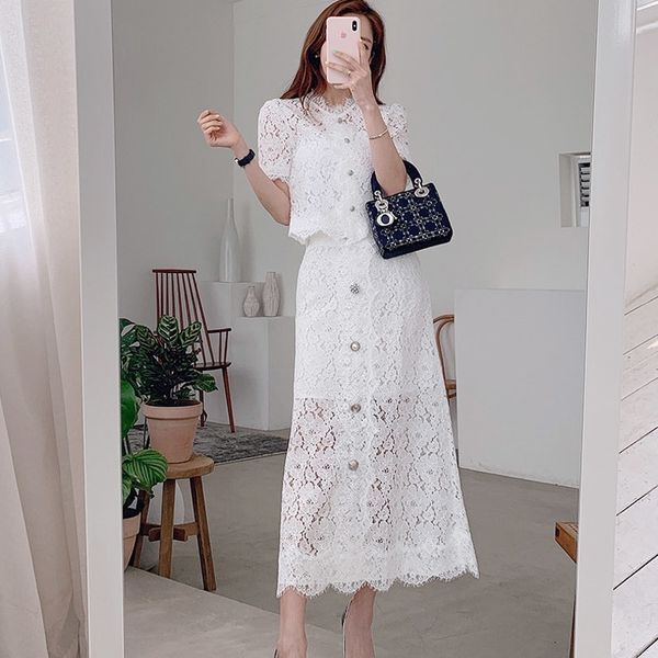 women short sleeve beading button lace shirt + single-breasted a-line long skirt office set summer lace 2 pieces suits 210515, White
women short sleeve beading button lace shirt + single-breasted a-line long skirt office set summer lace 2 pieces suits 210515, White