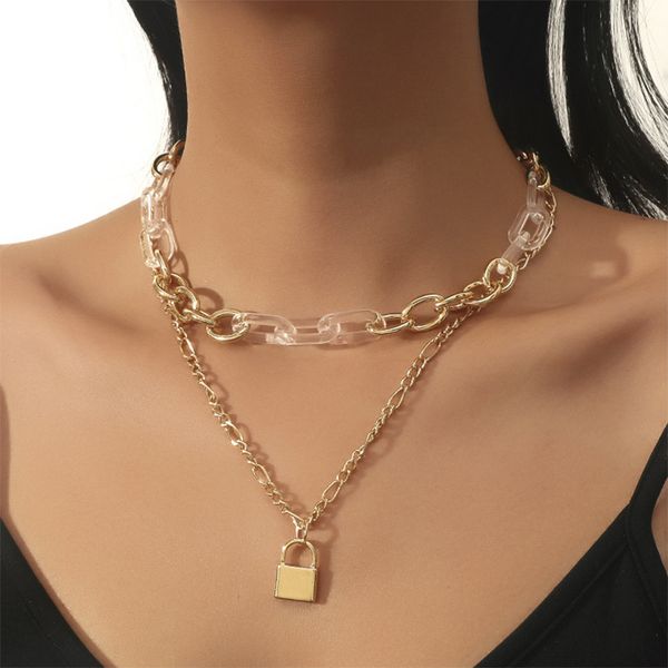 gold jewelry double-layer chain splicing fashion necklace women's fashion resin personalized gold lock pendant, Silver
gold jewelry double-layer chain splicing fashion necklace women's fashion resin personalized gold lock pendant, Silver