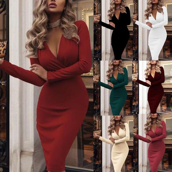 casual dresses women's solid bodycon slim long sleeve deep v neck pleated hedging high waist dress vestido de mujer robe femme, Black;gray
casual dresses women's solid bodycon slim long sleeve deep v neck pleated hedging high waist dress vestido de mujer robe femme, Black;gray