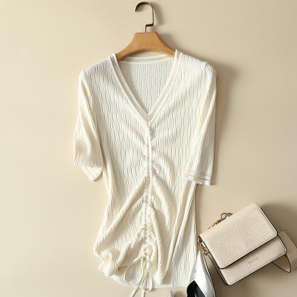 women's t-shirt vintage knitted women t-shirts summer design 2021 v-neck drawstring slim elegant office lady pulls outwear tees, White
women's t-shirt vintage knitted women t-shirts summer design 2021 v-neck drawstring slim elegant office lady pulls outwear tees, White