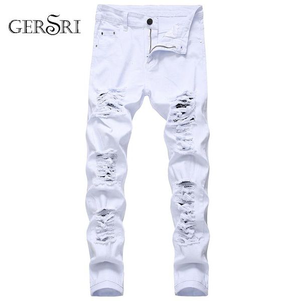 men's jeans gersri straight hole destruction trousers distressed men denim fashion designer brand white jean male, Blue 
men's jeans gersri straight hole destruction trousers distressed men denim fashion designer brand white jean male, Blue