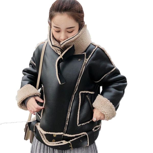 women's leather & faux winter women thick fur jacket female warm moto outwear lady casual pu coat lambswool overcoat kw151, Black
women's leather & faux winter women thick fur jacket female warm moto outwear lady casual pu coat lambswool overcoat kw151, Black