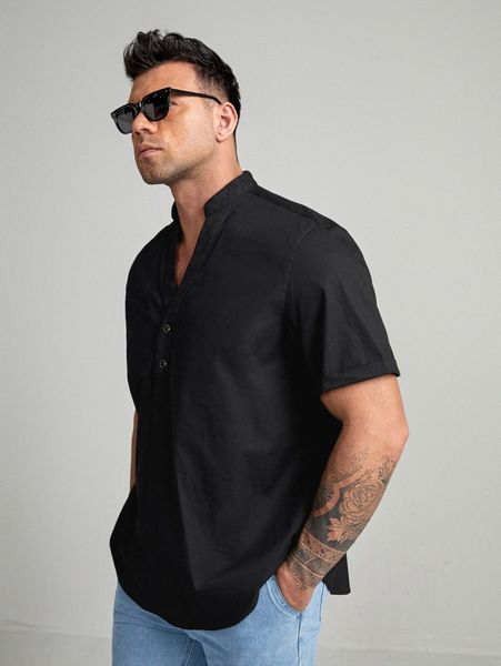 extended sizes men half button curved hem shirt 48tx#, White;black
extended sizes men half button curved hem shirt 48tx#, White;black