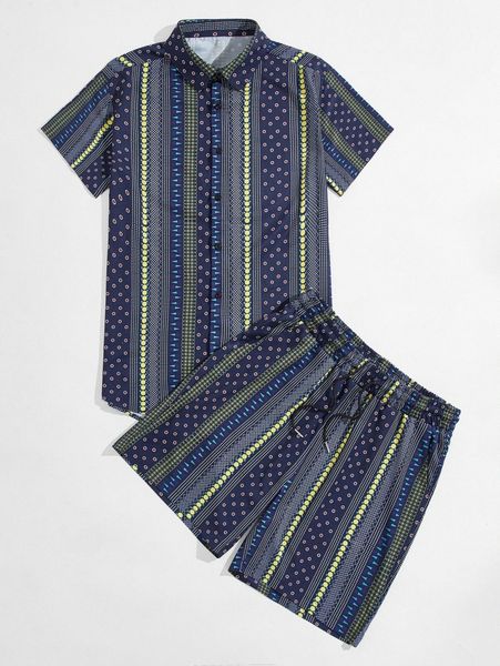 men geo print button front shirt with drawstring waist shorts e1w1#, Gray 
men geo print button front shirt with drawstring waist shorts e1w1#, Gray