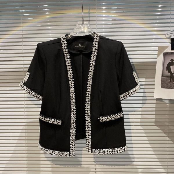 women's suits & blazers 2021 summer pearl edge beaded elegant v-neck short sleeve suit for women, White;black
women's suits & blazers 2021 summer pearl edge beaded elegant v-neck short sleeve suit for women, White;black