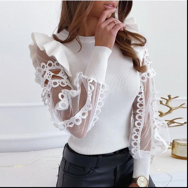women shirt round neck solid color hollow out ruffled mesh sleeve see through long blouse, White
women shirt round neck solid color hollow out ruffled mesh sleeve see through long blouse, White