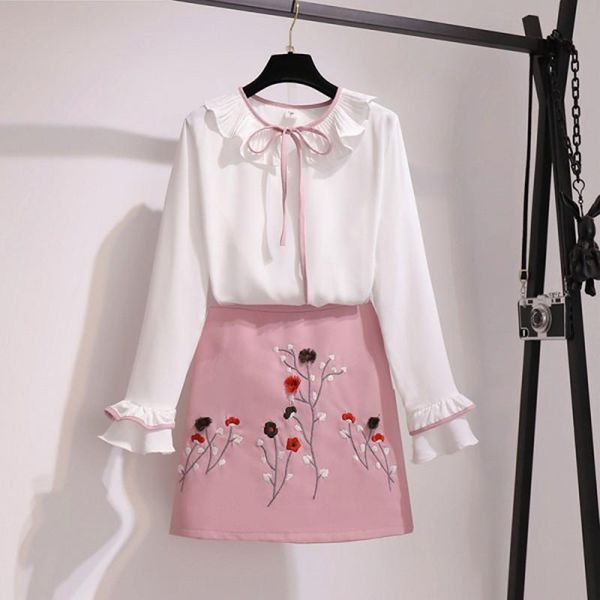 two piece dress fashion two-piece set 2021 spring women elegant ruffles chiffon white bow shirts floral embroidery mini a-line skirt
two piece dress fashion two-piece set 2021 spring women elegant ruffles chiffon white bow shirts floral embroidery mini a-line skirt