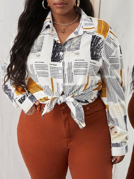 sxy plus newspaper print button front drop shoulder blouse a29q#, Black