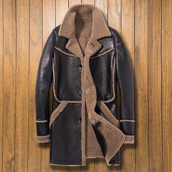 men's leather & faux mens sheepskin shearling jacket long winter coat hunting overcoat natural fur parkas, Black
men's leather & faux mens sheepskin shearling jacket long winter coat hunting overcoat natural fur parkas, Black