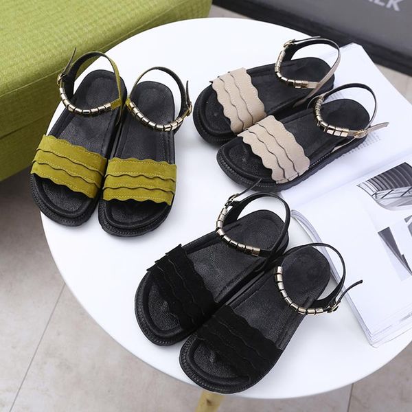 summer hong kong flavor retro flat simple sweet wavy side metal buckle sandals women, Black
