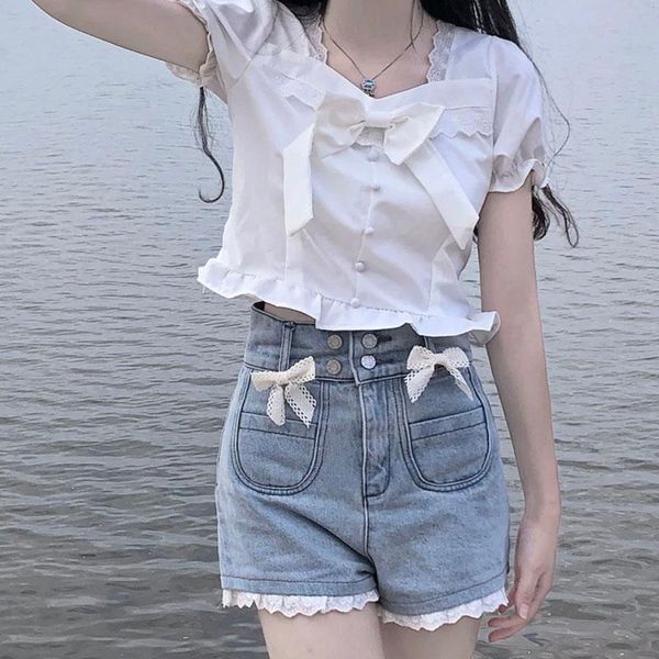women's shorts bowknot denim women 2021 summer high waist lace trim sweet casual clothing, White;black
women's shorts bowknot denim women 2021 summer high waist lace trim sweet casual clothing, White;black
