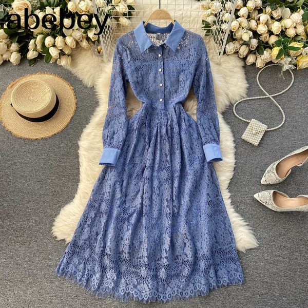 women french lace dress retro turndown-collar long sleeve button blue a-line es spring elegant party 210512, Black;gray
women french lace dress retro turndown-collar long sleeve button blue a-line es spring elegant party 210512, Black;gray