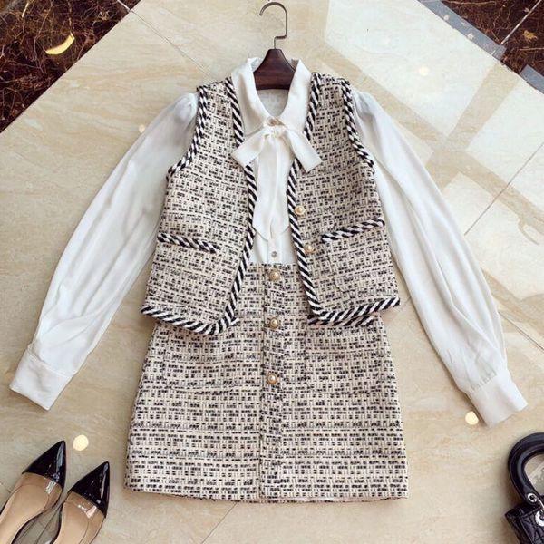 skirts autumn fashion korean designer 3 piece of women's clothing bow white shirt + vest tweed coat mini woolen skirt combined, Black
skirts autumn fashion korean designer 3 piece of women's clothing bow white shirt + vest tweed coat mini woolen skirt combined, Black