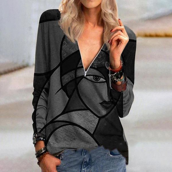 women's t-shirt 2022 spring and autumn face print pattern long-sleeved zipper vintage winter, White
women's t-shirt 2022 spring and autumn face print pattern long-sleeved zipper vintage winter, White