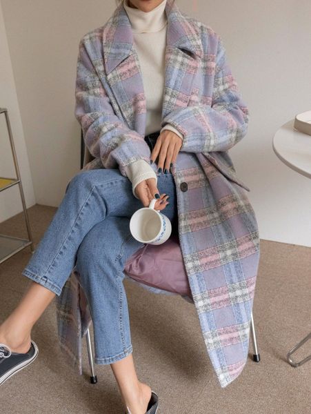dazy plaid lapel neck single button overcoat a9kj#, Black
