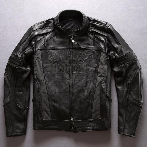men's leather & faux dhl male brand real jacket reflective cowhide with protective device bag vintage coat, Black
men's leather & faux dhl male brand real jacket reflective cowhide with protective device bag vintage coat, Black