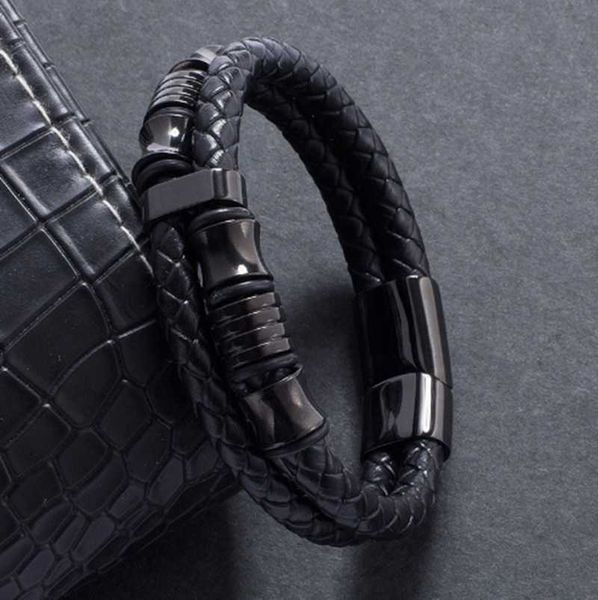 men's jewelry black stainless steel clasp wristband fashion bangle punk woven leather cord bracelet q0719
men's jewelry black stainless steel clasp wristband fashion bangle punk woven leather cord bracelet q0719