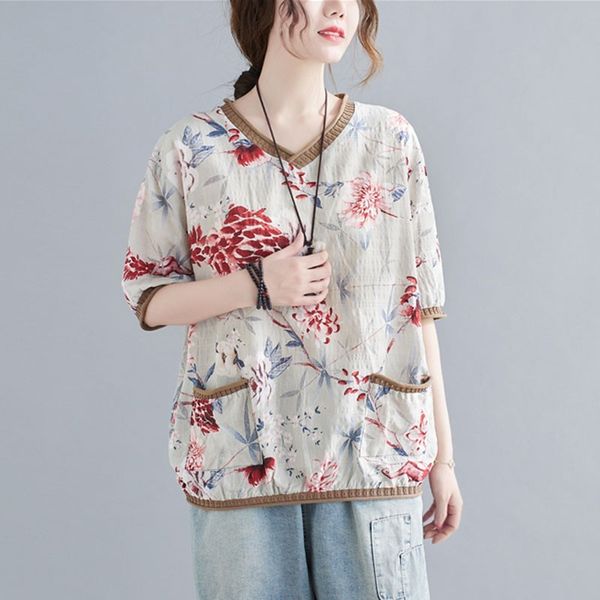 women cotton linen casual t-shirts new summer simple style vintage v-neck floral print loose female tees s3649 210412, White
women cotton linen casual t-shirts new summer simple style vintage v-neck floral print loose female tees s3649 210412, White