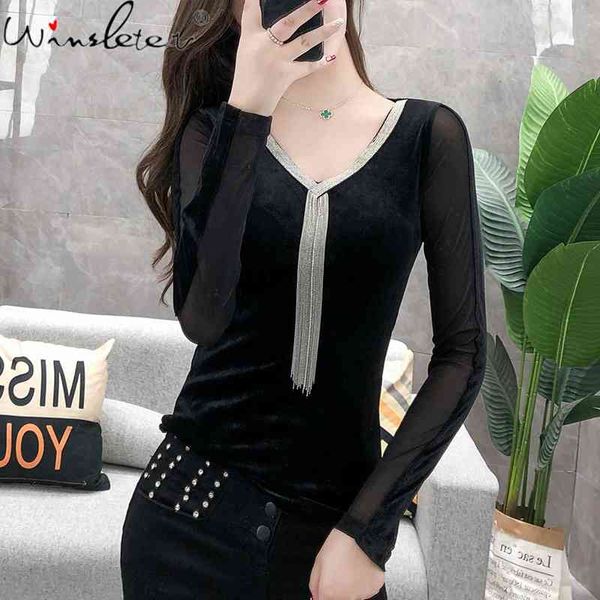 women's t-shirt fall winter european clothes t-shirt chic velvet patchwork mesh tassels women ropa mujer bottoming shirt, White
women's t-shirt fall winter european clothes t-shirt chic velvet patchwork mesh tassels women ropa mujer bottoming shirt, White