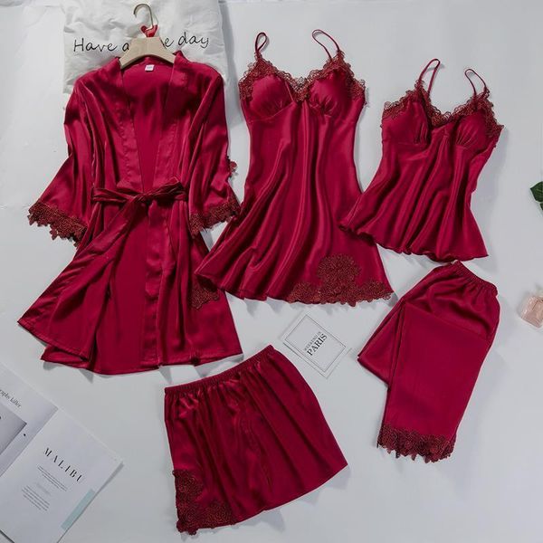 sweet womens sleepwears lace flower trim 5pcs pajamas set lady pajama sets backless strap amp pant satin pyjamas, Black;red
sweet womens sleepwears lace flower trim 5pcs pajamas set lady pajama sets backless strap amp pant satin pyjamas, Black;red