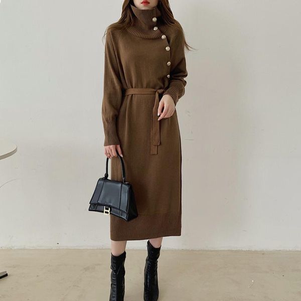 casual dresses for women 2021 elegant turtleneck buttons sweater dress temperament knitting mid-length slim office lady vestidos, Black;gray 
casual dresses for women 2021 elegant turtleneck buttons sweater dress temperament knitting mid-length slim office lady vestidos, Black;gray