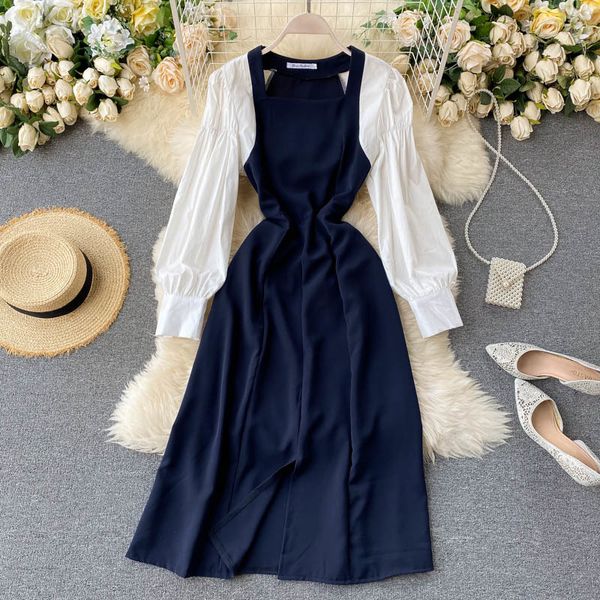 women elegant solid dress french vintage splice long sleeve split a-line dress autumn korean streetwear midi dress 210419, Black;gray
women elegant solid dress french vintage splice long sleeve split a-line dress autumn korean streetwear midi dress 210419, Black;gray