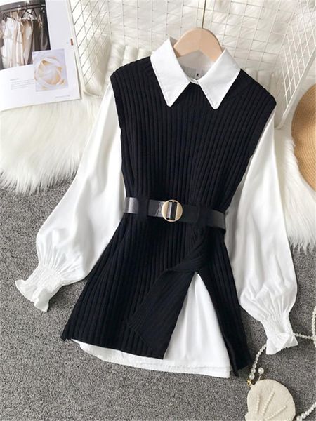 women's blouses & shirts autumn casual wild white turn down collar blouse flare long sleeve knitted black split sweater vest belt sets
women's blouses & shirts autumn casual wild white turn down collar blouse flare long sleeve knitted black split sweater vest belt sets
