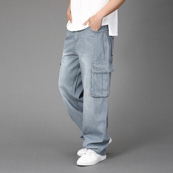 jeans men spring large size wide-leg men's loose pockets overalls hip-hop straight denim trousers for, Blue
jeans men spring large size wide-leg men's loose pockets overalls hip-hop straight denim trousers for, Blue