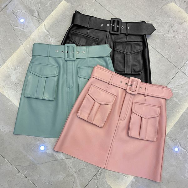 skirts spring fall genuine leather designer of women pockets high-quality belt, Black
skirts spring fall genuine leather designer of women pockets high-quality belt, Black