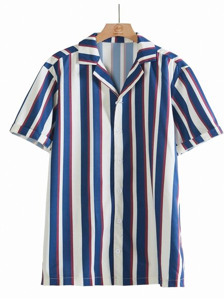 men striped lapel neck shirt v22f#, White;black