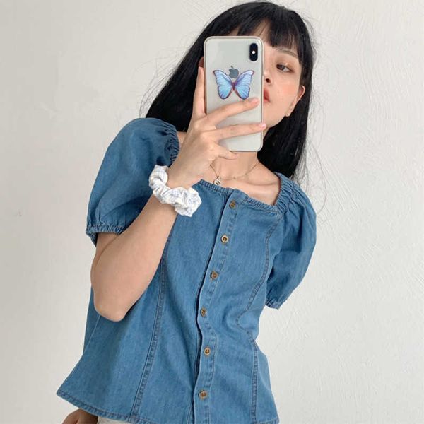 women's blouses & shirts vintage square neck sleeve ladies summer button up denim women jeans crop camisas mujer v8q8, White
women's blouses & shirts vintage square neck sleeve ladies summer button up denim women jeans crop camisas mujer v8q8, White