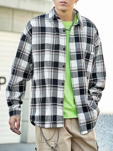 men 1pc plaid drop shoulder shirt v2aj#, White;black