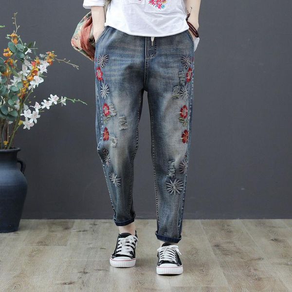 women's jeans summer arts style women flower embroidered elastic waist loose denim harem pants plus size vintage ripped d555, Blue
women's jeans summer arts style women flower embroidered elastic waist loose denim harem pants plus size vintage ripped d555, Blue