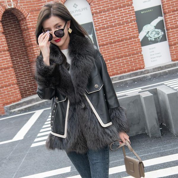 women's leather & faux 2021 haining sheepskin thickened warm leisure medium and long college style splicing coat, Black
women's leather & faux 2021 haining sheepskin thickened warm leisure medium and long college style splicing coat, Black
