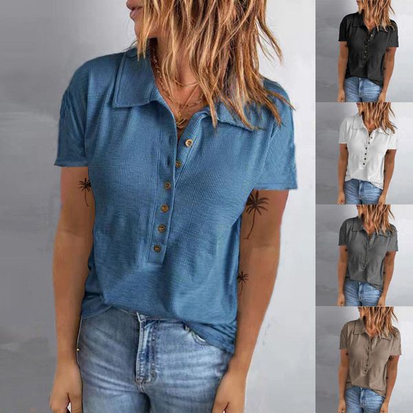 women's t-shirt ribbed button-down lapel short sleeve t-shirt, White