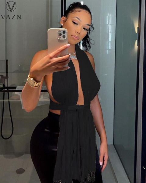 women's t-shirt vazn 2021 summer open beach solid young halter off shoulder backless sleeveless europe and america women long tees, White
women's t-shirt vazn 2021 summer open beach solid young halter off shoulder backless sleeveless europe and america women long tees, White