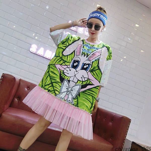 polo popular cartoon rabbit sequin print t-shirt woman's medium long loose mesh patchwork heavy industry dress, White
polo popular cartoon rabbit sequin print t-shirt woman's medium long loose mesh patchwork heavy industry dress, White