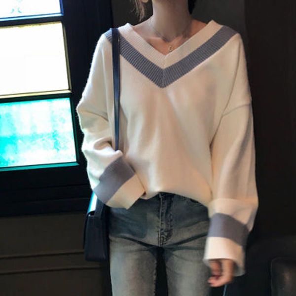 women's sweaters korean version pullover loose all-match lazy v-neck autumn and winter contrast fashion street fashi base knitting jump, White;black
women's sweaters korean version pullover loose all-match lazy v-neck autumn and winter contrast fashion street fashi base knitting jump, White;black